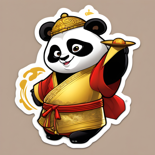 สร้างรูป สติ๊กเกอร์แพนด้า จากเรื่องกังฟูแพนด้า ถือซาลาเปา ใส่ชุดจีน สีเหลืองทอง สติ๊กเกอร์ไดคัท สุดน่ารัก