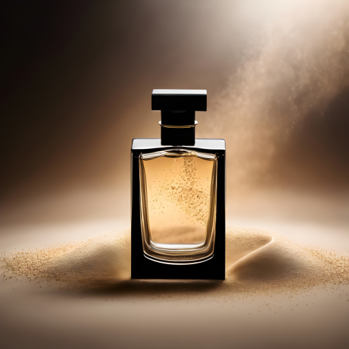 พื้นหลังสีดำ อนุภาคทรายในอากาศรอบๆ ขวดน้ำหอม