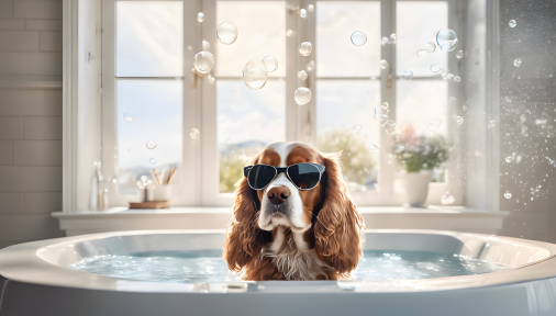 สร้างภาพ ภาพถ่ายค็อกเกอร์สแปเนียลสวมแว่นกันแดดนอนแช่น้ำในอ่างจากุชชี่ สีหน้ามีความสุข จ้องมองที่กล้องโดยตรง การตกแต่งสีขาวเรียบง่ายทันสมัย ความละเอียดสูง สมจริง