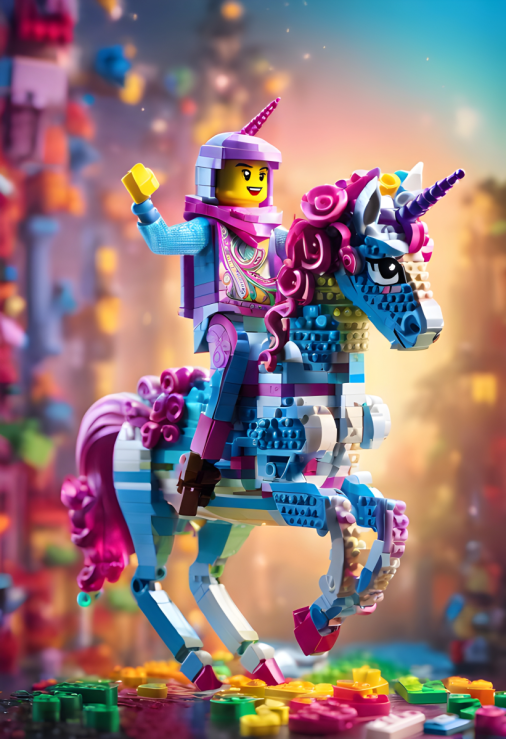 สร้างภาพ โปสเตอร์เพื่อการขาย มนุษย์ขี่ยูนิคอร์น ตัวเต็ม น่ารักสุด ๆ ในรูปแบบของเลโก้ ตัวต่อ ภาพดูมีชีวิต น่าดึงดูด คุณภาพดีที่สุด 4K สมจริง