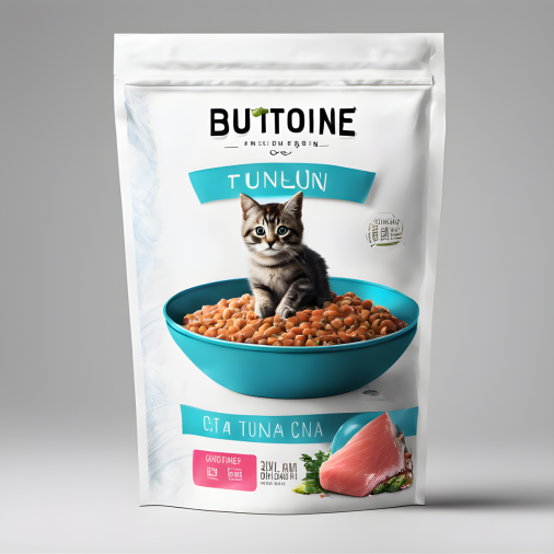 สร้างภาพ การออกแบบบรรจุภัณฑ์อาหารแมว มีแมวและปลาทูน่าเป็นภาพประกอบ กระป๋อง สีสันสดใส