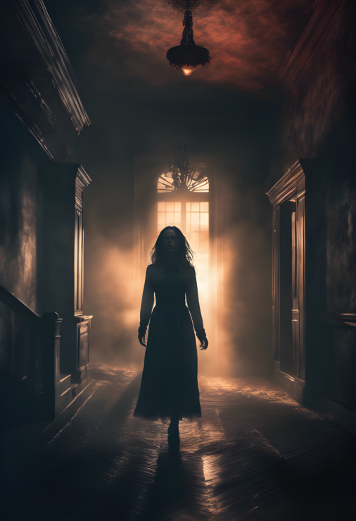 สร้างภาพ โปสเตอร์ภาพยนตร์ แนวสยองขวัญ โดยมีเงาผีผู้หญิงหน้าตาเศร้าหมอง มีบ้าน ที่ดูน่าขนลุก บ้านเก่า ภาพสมจริง การถ่ายภาพโปสเตอร์แบบมืออาชีพ ดูน่าสยดสยอง น่าขนลุก 4K