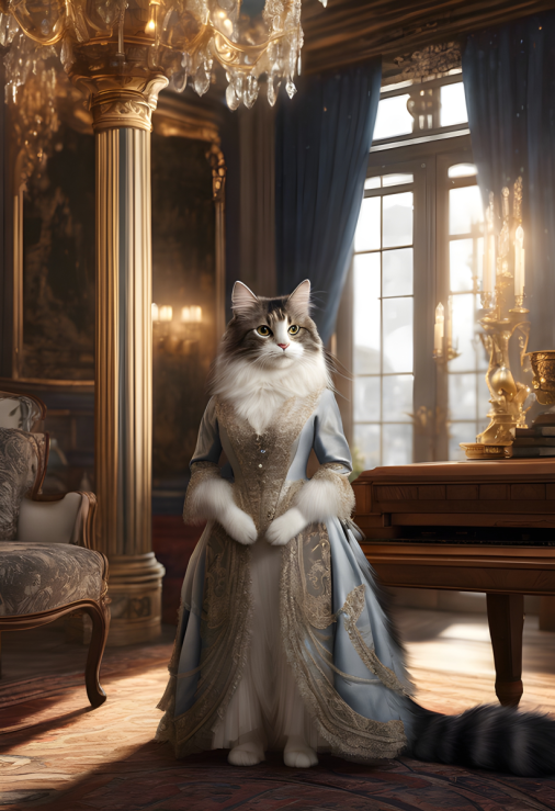 สร้างภาพ นอร์วีเจียนฟอเรสต์สวมชุดผู้หญิงแบบผู้ดีอังกฤษ สวมรองเท้าส้นสูง แมวยืนตัวตรงเหมือนมนุษย์ ภาพถ่ายสมจริง ภาพบุคคลเต็มตัว ผิวจริง รายละเอียดสูง เงานุ่มนวล ภาพถ่ายที่มีความละเอียดสูง สมจริง