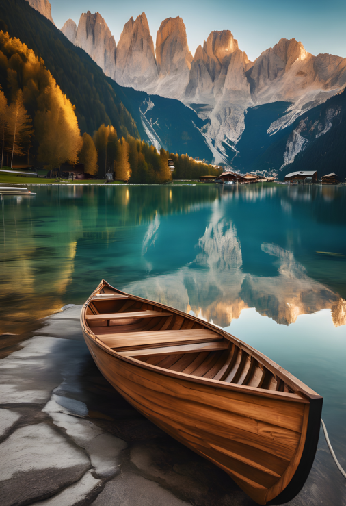 สร้างภาพทะเลสาบสวยใสในเทือกเขาโดโลไมท์ มีเรือแจวไม้จอดอยู่ น้ำสะท้อนภาพท้องฟ้าและภูเขาคมชัดเหมือนจริง ราวกับภาพยนตร์ ขนาด 2:3
