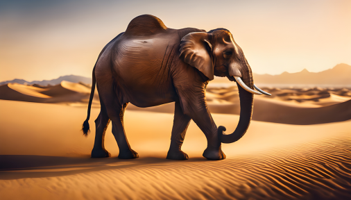 สร้างภาพ ภาพถ่ายสมจริง สัตว์ตัวเป็นช้างหัวเป็นอูฐในทะเลทรายในเวลากลางวัน สมจริง เหนือจินตนาการ แฟนตาซี