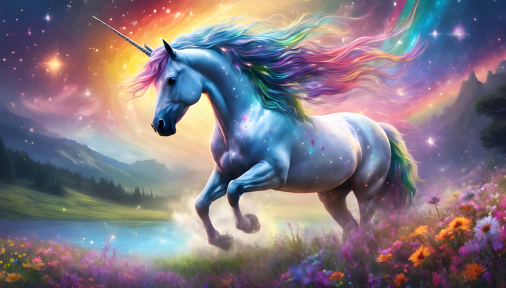 สร้างภาพ ม้ายูนิคอร์นวิ่งอยู่ในทุ่งดอกไม้หลากสีสัน ท้องฟ้าเป็นสีรุ้ง เหนือจินตนาการ ดูตระการตา สมจริง