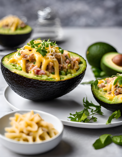 สร้างภาพ กราแตงมะกะโรนีทูน่าอะโวคาโด จัดใส่ในอโวคาโดที่ไม่มีเนื้อแทนจาน การถ่ายภาพโฆษณาอาหาร องค์ประกอบที่น่าดึงดูด ซ้อมตักชีสยืด ความใส่ใจในรายละเอียด สไตล์ Glibatree กล้อง Canon EOS 5D MARK IV DSLR