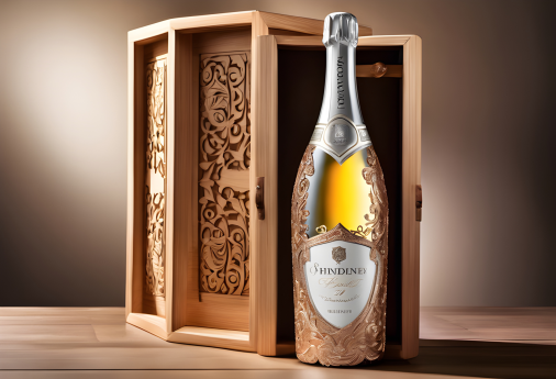 สร้างภาพ ขวดไวน์ที่มีดีไซน์สวย ดูหรูหรา รูปทรงของขวดเป็นแบบ sparkling อยู่ในกล่องไม้หรูหรา เหมาะสำหรับมอบเป็นของขวัญ สไตล์ภาพถ่าย ภาพถ่ายที่มีความละเอียดสูง สมจริง