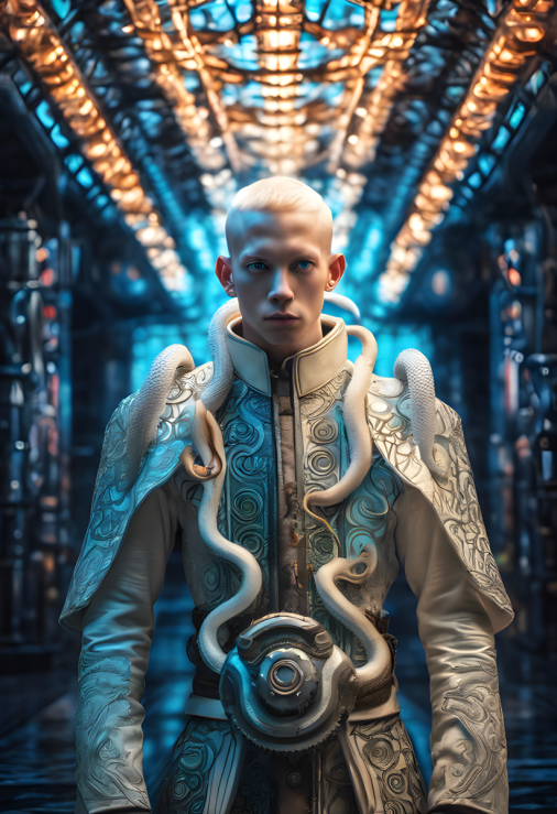 สร้างภาพถ่ายสไตล์ Vogue ที่ล้ำสมัยและสมจริงเป็นพิเศษ เป็นภาพเต็มตัวของ Octopuss-Monk ผิวเผือก ตาสีฟ้า ลอยตัวท่ามกลางแสงพลังงานลึกลับ ผสมผสานรายละเอียดออร์แกนิกและอินดัสเทรียลเข้าด้วยกันอย่างลงตัว สีสันสดใสตัดกับพื้นผิวด้านเข้ม องค์ประกอบภาพแบบ Geometric ล้ำสมัยเป็นพื้นหลัง ให้ภาพมีความละเอียดสูง สมจริง และมีมิติ คล้ายภาพยนตร์ระดับรางวัล เน้นแสงเงาที่สวยงาม โดยรวมภาพควรมีบรรยากาศลึกลับ น่าค้นหา และสวยงาม ขนาด 2:3