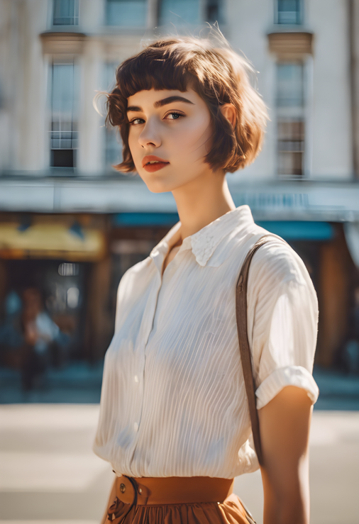 สร้างภาพ ผู้หญิงผมสั้นถึงบ่า แต่งตัวแนววินเทจ ถ่ายจากกล้องฟิล์ม ฟิล์มFuji Pro Image100 คนเหมือนจริง สมจริงที่สุด