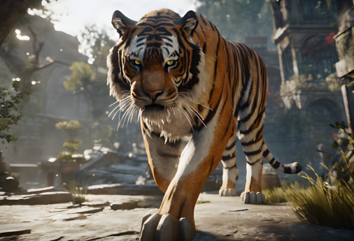 ภาพ screenshot ของวิดีโอเกม ภาพมุมมอง FPS แสดงให้เห็นเสือตัวใหญ่น่าเกรงขามยืนอยู่ unreal engine 5 8K UHD รายละเอียดขั้นสุดยอด