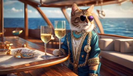 สร้างรูปแมวบนเรือยอทช์ราคาแพงในทะเลลึก ดื่มแชมเปญ สวมเสื้อยืดและกางเกงขาสั้นสีสันสดใสทันสมัย สวมเครื่องประดับเพชรและแว่นกันแดดราคาแพง อยู่บนพื้นไม้บนเรือยอชท์
