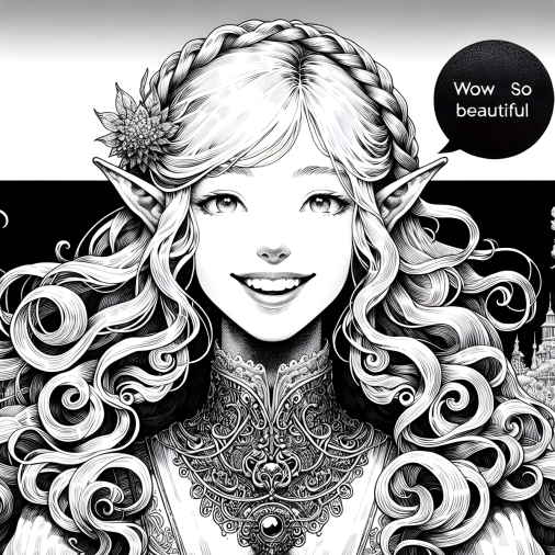 สร้างภาพ มังงะที่มีสาวเอลฟ์ผมยาว สีหน้ายิ้มแย้มด้วยภาพลายเส้นขาวดำพร้อมกรอบคำพูดที่พูดว่า "WoW so beautiful"