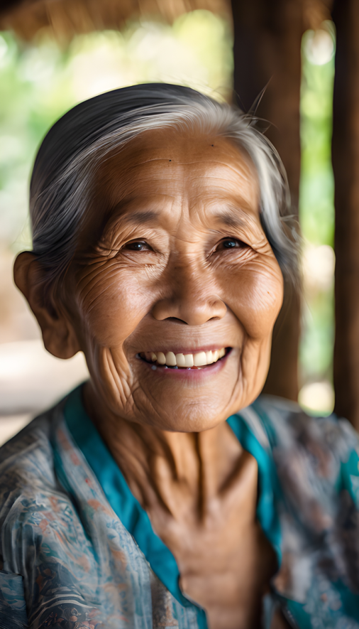 สร้างภาพถ่ายคุณยายชาวไทยใจดี นั่งยิ้มบนเตียงไม้ เน้นความเรียบง่าย ชนบท พื้นบ้าน ถ่ายด้วยกล้องดิจิตอล เลนส์ Wide รูรับแสง f2.8 ขนาด 9:16