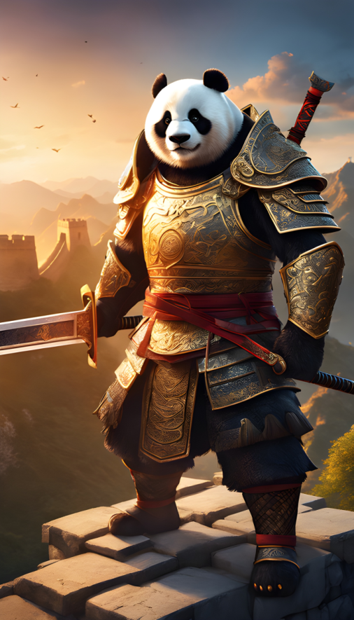สร้างภาพ โปสเตอร์ภาพยนตร์อนิเมชัน โดยมีนักรบแพนด้าสวมชุดเกราะ กวัดแกว่งเต๋าขนาดใหญ่ (ดาบจีน) ยืนอยู่บนกำแพงเมืองจีน ท่าทางอันทรงพลัง ดวงอาทิตย์ที่กำลังตกทอดแสงสีทองเหนือฉาก ใช้แสงแบบไดนามิกเพื่อเน้นพื้นผิวของชุดเกราะ ภาพพาโนรามา สมจริง wh9ต่อ16