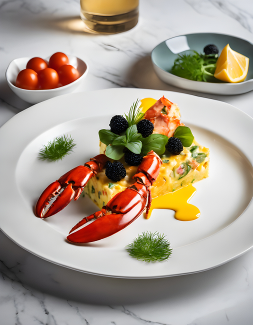 สร้างภาพ เดอะ ซิลเลียน ดอลลาร์ ล็อบสเตอร์ ฟริททาทา ท้อปด้วยไข่ปลาคาเวียร์ จัดจานสวยงาม การถ่ายภาพโฆษณาอาหาร องค์ประกอบที่น่าดึงดูด