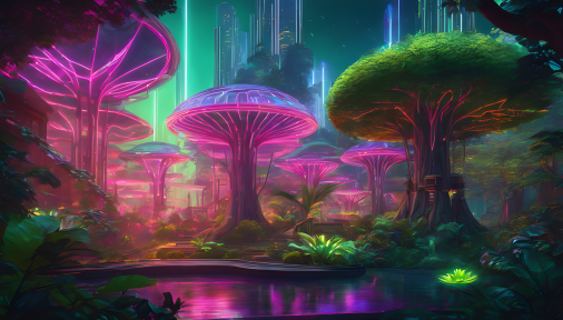 สร้างภาพสวนรุกขชาติแห่งอนาคตเข้ากับองค์ประกอบนีออนที่มีชีวิตชีวา