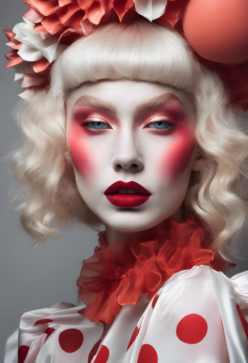 สร้างภาพ ผู้หญิง แต่งหน้าสีสัน บลัชออนสีชมพูปะการังใต้ตา, แฟชั่นดีไซน์, กูตูร์ตัวตลก, หรูหรา, แต่งหน้าเนียนฉ่ำ, ลิปสติก, รูจ, ผิวสีซีด, ลอนผมนุ่มลื่น, ผมสีบลอนด์แพลตตินั่ม, คอปกของอลิซาเบธ, แดงและขาว สมจริง เหมือนคนจริง