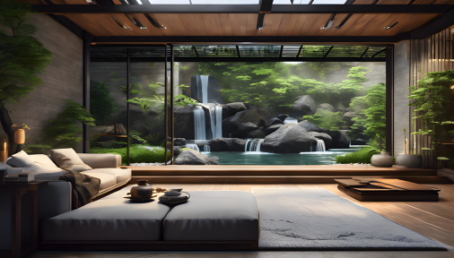 สร้างภาพ ห้องนั่งเล่นที่ติดสวน, ไฟสปอร์ตไลท์แบบฝัง, มีหน้าต่างกระจกรอบห้องนั่งเล่น ภายนอกมีน้ำตกและบ่อน้ำที่มีหินก้อนใหญ่สีดำ สไตล์โมเดิร์นลอฟผสมไม้