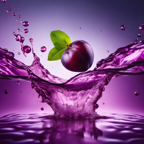 สร้างภาพ สไตล์เซอร์เรียล food shot ผลพลัมสีม่วงสด ฉากหลังน้ำตกสีสันสดใส มุมกล้อง Super wide ถ่ายด้วย Canon ขนาด 3:4