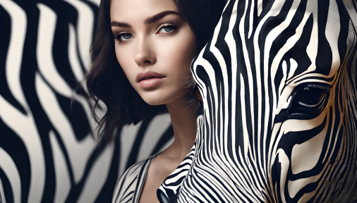 สร้างภาพ ภาพถ่าย ในภาพมีผู้หญิงสวยเหนือจินตนาการถูกม้าลายบังครึ่งหน้า สมจริง เหมือนจริง แสงสวย