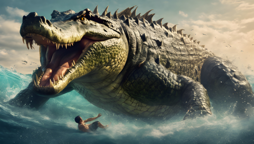 สร้างภาพ ผู้ชายกำลังว่ายน้ำอยู่ในทะเล โดยมีจระเข้กำลังว่ายตามหลังมา ผู้ชายมีสีหน้าหวาดกลัว สไตล์ศิลปะดิจิทัล สมจริง