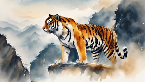 สร้างภาพเสือโคร่งบนยอดเขา ในรูปแบบภาพวาดสีน้ำสไตล์จีนโบราณ ปกคลุมด้วยหมอกสีมงคล ขนาด 16:9