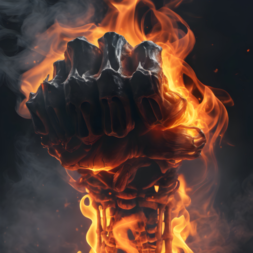 สร้างภาพกำปั้นโครงกระดูกไฟลุกโชน สไตล์ฮาโลวีน โทนมืด ลึกลับ ถ่ายด้วยกล้อง Sony Alpha A7 IV