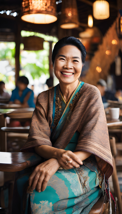 สร้างภาพถ่ายคุณป้าชาวไทยใจดี นั่งยิ้มอยู่ที่ร้านกาแฟ เน้นความเรียบง่าย ชนบท พื้นบ้าน ถ่ายด้วยกล้องดิจิตอล เลนส์ Wide รูรับแสง f2.8 ขนาด 9:16