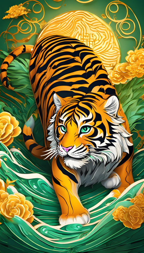 สร้างภาพเสือโคร่งกระโดดผ่านน้ำผึ้ง ชาเขียว และ คอนญัก ฉลองตรุษจีน โทนสีโมเดิร์น สวยงาม หรูหรา ขนาด 9:16