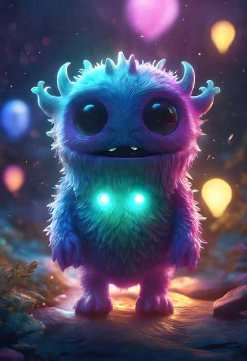 สร้างภาพ โปสเตอร์ภาพยนตร์ สัตว์ประหลาดตัวน้อยน่ารัก สีสันสดใส ในโลกที่น่ากลัวเหนือจริง สีเย็น บรรยากาศแฟนตาซีเหนือจริง รังสีแสง, แฟนตาซี, แสงประกายไฟ, รายละเอียดพิเศษ, แสงระยิบระยับโดยรอบ, แสงสลัวของไฟตัวน้อยน่ารักในระยะไกล, ภาพเสมือนจริง