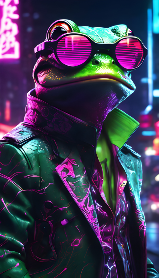 สร้างภาพposterหนังแนวSci-fi ที่มีตัวละครหลักเป็นกบจักรกล หน้าโหด แบบยากูซ่าญี่ปุ่น สวมแว่นกันแดดสุดเท่ แอฟเฟ็กตระกานตา แบบartist style แสงนีออนเน้นสีมาเจนต้าและสีเขียวเป็นสีหลัก เครื่องจักรกล high quality —wh9:16