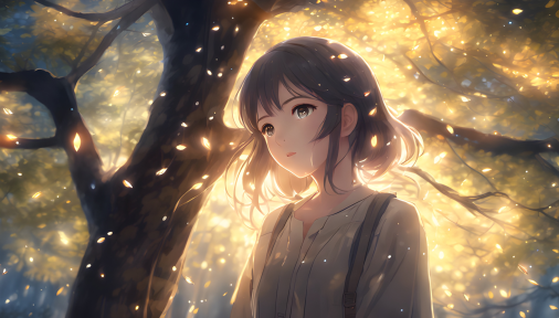 สร้างรูปตัวละครหญิงใต้ต้นไม้ที่เต็มไปด้วยแสงหิ่งห้อย สไตล์อนิเมะญี่ปุ่น close up shot บรรยากาศภาพยนตร์