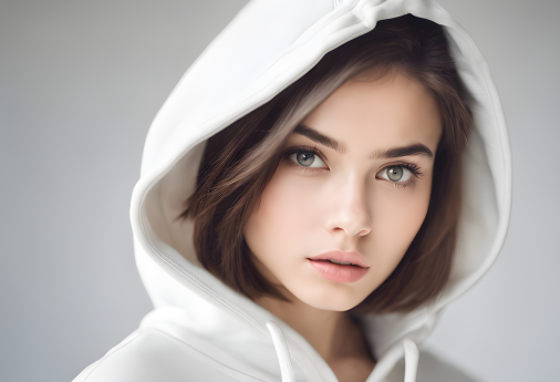 สร้างภาพ ภาพถ่ายหญิงสาว, อายุ 18 ปี, ในสตูดิโอ, หน้าตาน่ารัก, ตาโต, ผมตรงสั้น, ภาพนิตยสารคุณภาพ, ถ่ายแฟชั่น, ใส่ชุดเสื้อฮู้ดสีขาว, โทนสีของภาพแบบ High Key, ภาพสมจริง, เหมือนคนจริง