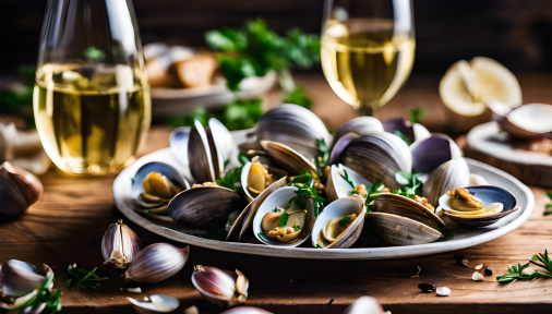 สร้างภาพ หอยกาบผัดกระเทียมและไวน์ขาว สไตล์โปรตุเกส จัดจานสวยงาม การถ่ายภาพโฆษณาอาหาร องค์ประกอบที่น่าดึงดูด ความใส่ใจในรายละเอียด สไตล์ Glibatree กล้อง Canon EOS 5D MARK IV DSLR รูรับแสง f/8 ความเร็วชัตเตอร์ 1/125 วินาที ISO 100