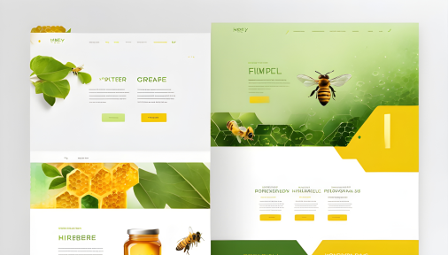 สร้างภาพ เว็บไซต์น้ำผึ้งที่มีการออกแบบที่สะอาดตาและเรียบง่าย หน้าแรกเป็นสีเขียวและสีเหลืองและมีแถบค้นหาและผลิตภัณฑ์น้ำผึ้ง และหน้าต่างๆ มีสีเหลืองและเขียว