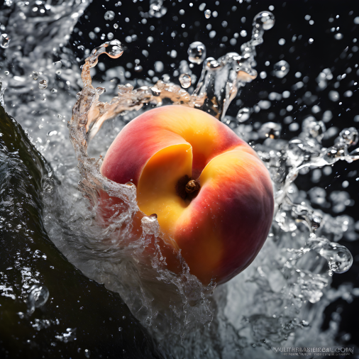 สร้างภาพถ่ายอาหารมุมกว้างมากๆ เน้นลูกพีช ripest peach ฉ่ำๆ กำลังแตกตัวเป็นน้ำตกพีช พื้นหลังสีสันสดใส ภาพสไตล์เหนือจริง สีผลไม้สด โฟกัสที่พีช ภาพเหมือนจริง รายละเอียดคมชัด มีมิติ ความละเอียดสูง เหมือนถ่ายด้วยกล้อง Canon ขนาด 3:4