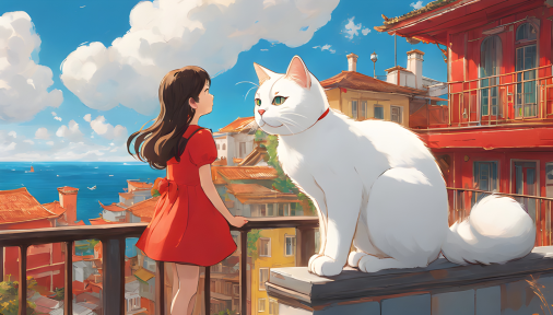 สร้างภาพเด็กผู้หญิงชุดแดงยืนอยู่บนระเบียงและสัมผัสแมวตัวใหญ่ ตึกสีเหลืองและแมวยักษ์สีขาวยืนอยู่ริมทะเล โดยมีเมฆสีขาวลอยมาแต่ไกล เมื่อยืนอยู่ชั้นบน สีสันสดใส และสไตล์ศิลปะของมิยาซากิ ฮายาโอะก็สดใส