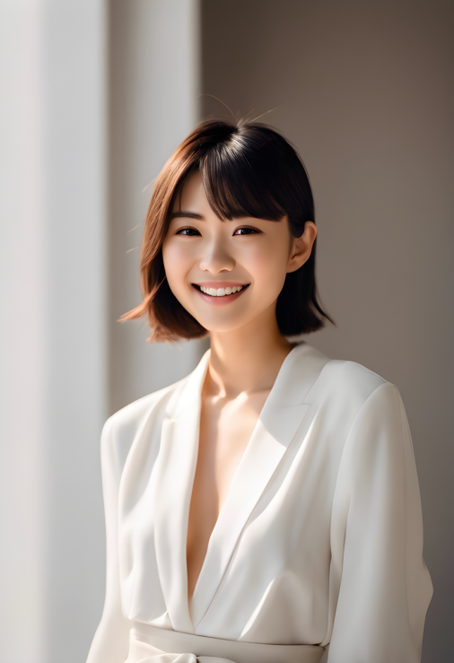 ภาพถ่ายเชิงศิลปะของผู้หญิงญี่ปุ่นที่มีผมสีน้ำตาลสั้นมาก ใบหน้าเล็ก แต่งกายด้วยแฟชั่นสีขาวหรูหรา ในบรรยากาศสตูดิโอแบบมินิมอล แสงไฟสว่าง ถ่ายด้วย Canon EOS R5 เน้นรูปลักษณ์ที่มีสไตล์และรอยยิ้มที่สดใสของเธอ