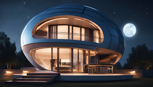 ภาพถ่ายบ้านพักตากอากาศทรงกลม แสงกลางคืน มีดวงจันทร์ Low Angle