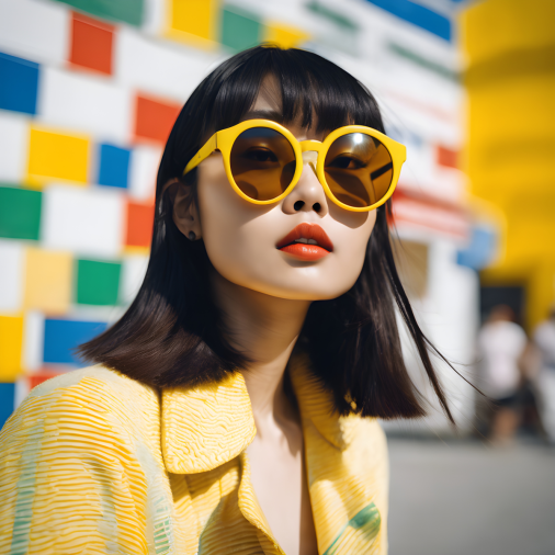 สร้างภาพ หญิงสาวเอเชียผิวสีเผือกยิ้มแย้ม ภาพระยะใกล้ง ผมตรงยาวสวมแว่นกันแดดสีเหลืองหนาตัดกับพื้นหลังสีขาว ในสไตล์ของ Martin Parr และ Martha Cooper การถ่ายภาพสารคดี สไตล์ดิบ, ฟูจิฟิล์ม สมจริง
