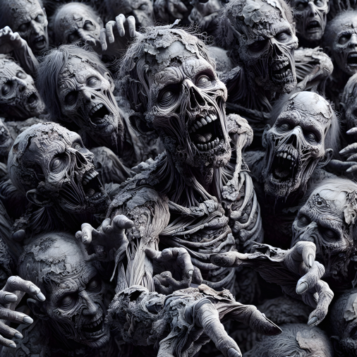 สร้างภาพ โปสเตอร์หนังซอมบี้ ภาพระยะใกล้ ซอมบี้กำลังตะเกียกตะกาย ยื่นมือมาข้างหน้า ฟันดำ ผิวบนใบหน้าคือเซลล์ที่ตายแล้ว ซอมบี้หลายตัว ทำท่าทางที่ต่างกัน ภาพสมจริง การถ่ายภาพโปสเตอร์แบบมืออาชีพ ดูน่าสยดสยอง น่าขนลุก 4K
