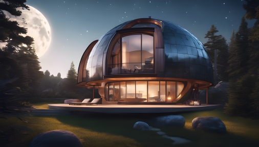 ภาพถ่ายบ้านพักตากอากาศทรงกลม แสงกลางคืน มีดวงจันทร์ Low Angle