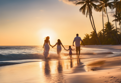 สร้างภาพ ครอบครัวสุขสันต์พักผ่อนบนชายหาดใต้ต้นปาล์ม สไตล์ภาพถ่ายครอบครัว ภาพถ่ายที่มีความละเอียดสูง สมจริง