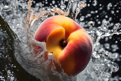 สร้างภาพถ่ายอาหารมุมกว้างมากๆ เน้นลูกพีช ripest peach ฉ่ำๆ กำลังแตกตัวเป็นน้ำตกพีช พื้นหลังสีสันสดใส ภาพสไตล์เหนือจริง สีผลไม้สด โฟกัสที่พีช ภาพเหมือนจริง รายละเอียดคมชัด มีมิติ ความละเอียดสูง เหมือนถ่ายด้วยกล้อง Canon ขนาด 3:4