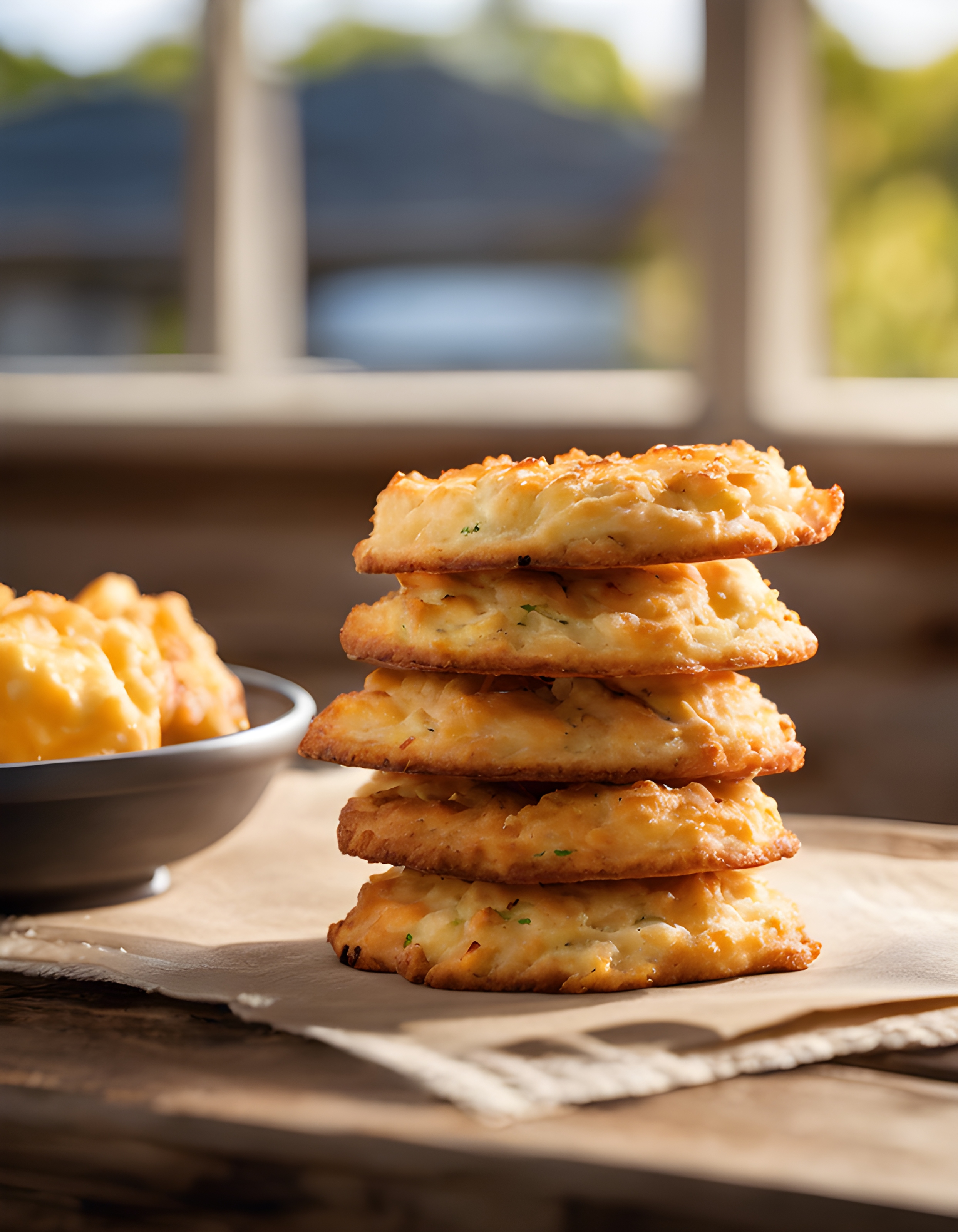 ภาพถ่ายเสมือนจริงของ Red Lobster Cheddar Bay Biscuits บนโต๊ะไม้เรียบง่าย โดยมีแสงอุ่นยามบ่ายส่องเข้ามาจากหน้าต่างใกล้เคียง ถ่ายด้วย Canon EOS 5D Mark IV และเลนส์ 85 มม. f/1.8