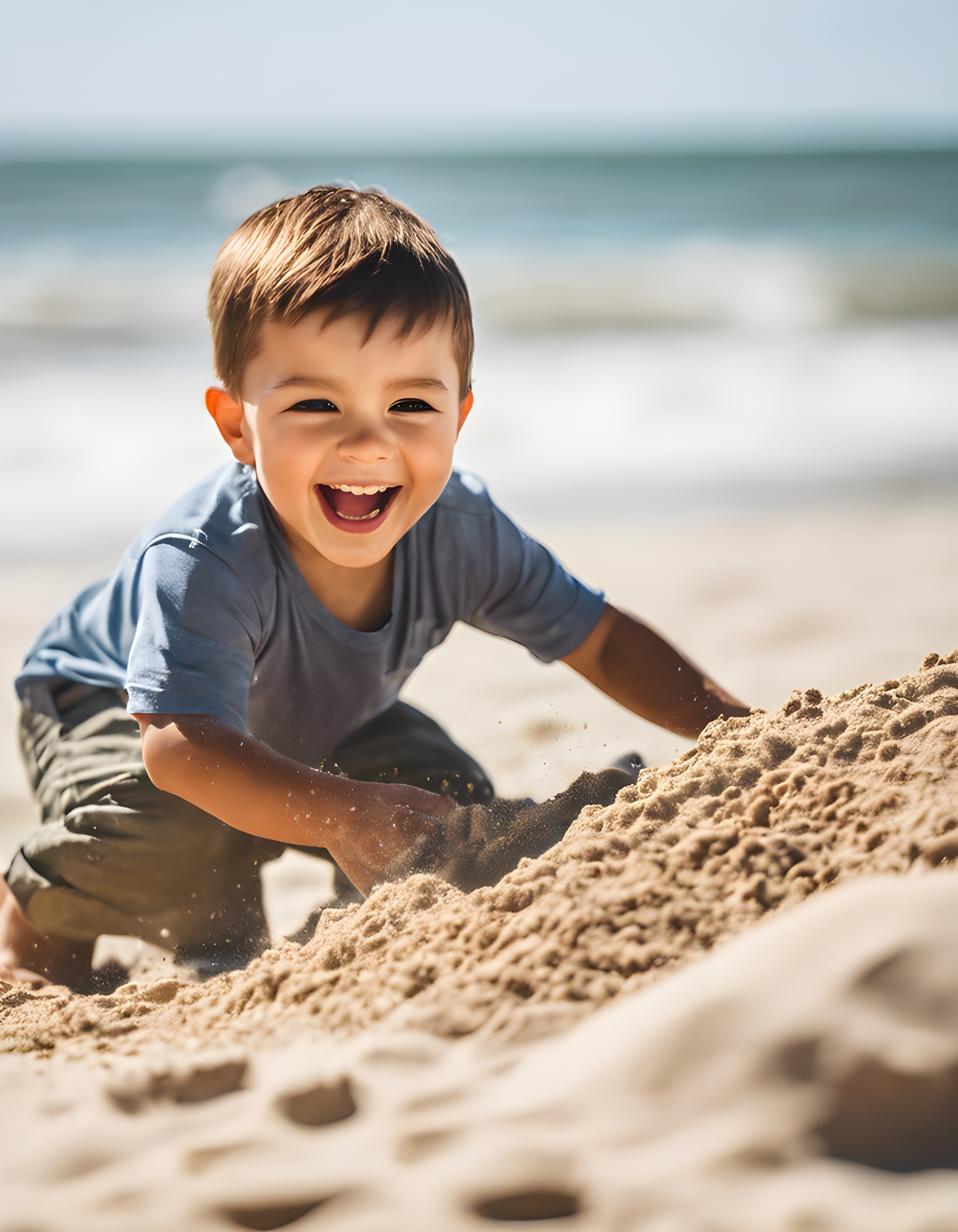 สร้างภาพ เด็กน้อยเล่นทรายอยู่ริมชายหาด สไตล์ภาพถ่าย ภาพถ่ายที่มีความละเอียดสูง สมจริง