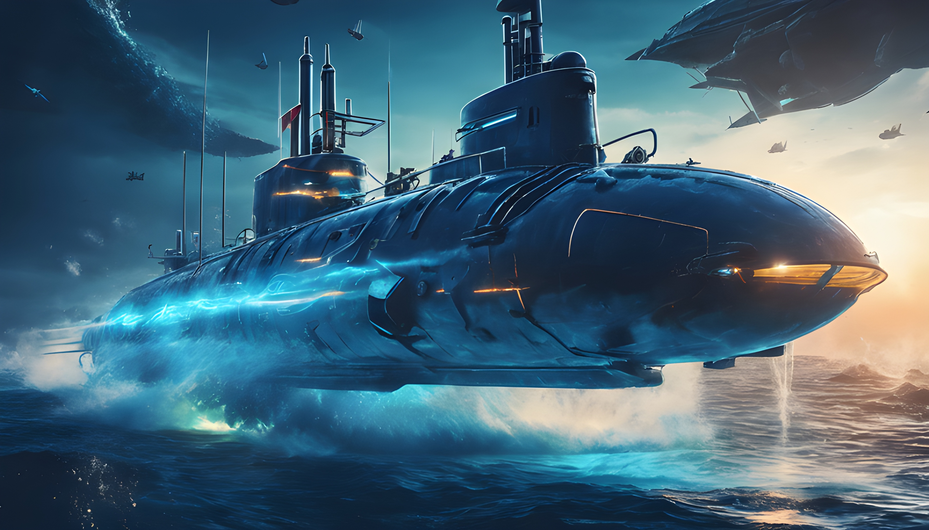 สร้างภาพกราฟฟิคเกมต่อสู้เรือดำน้ำใต้ทะเล ธีมทหาร ฉากหลังเรียบๆ สีฟ้า