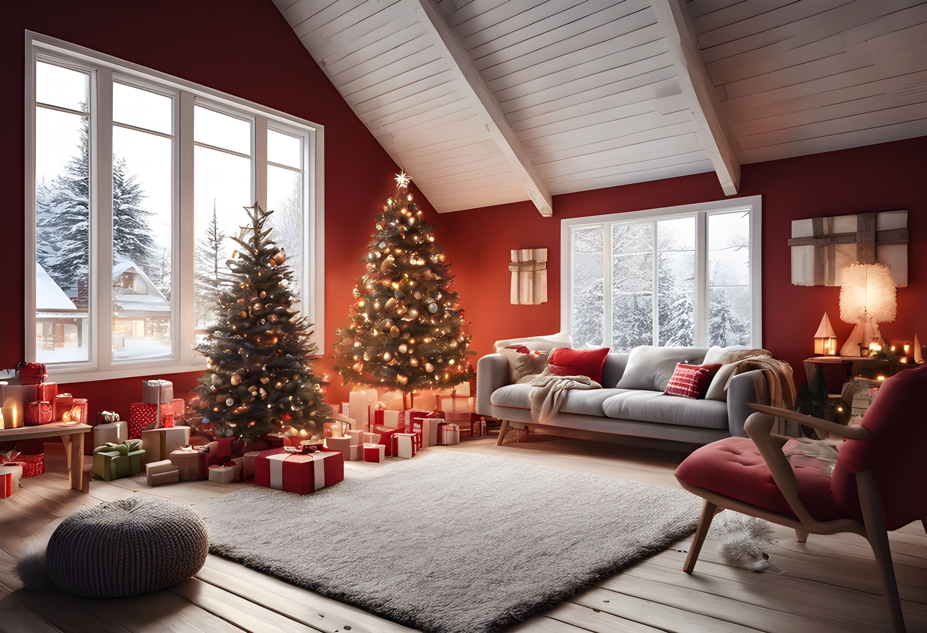 ภาพถ่ายภายในบ้านไม้สวีเดนสีแดง ฮุกกะ เวลาคริสต์มาส บรรยากาศสบาย ๆ แสงไฟประดับ การตกแต่งภายในที่ทันสมัย