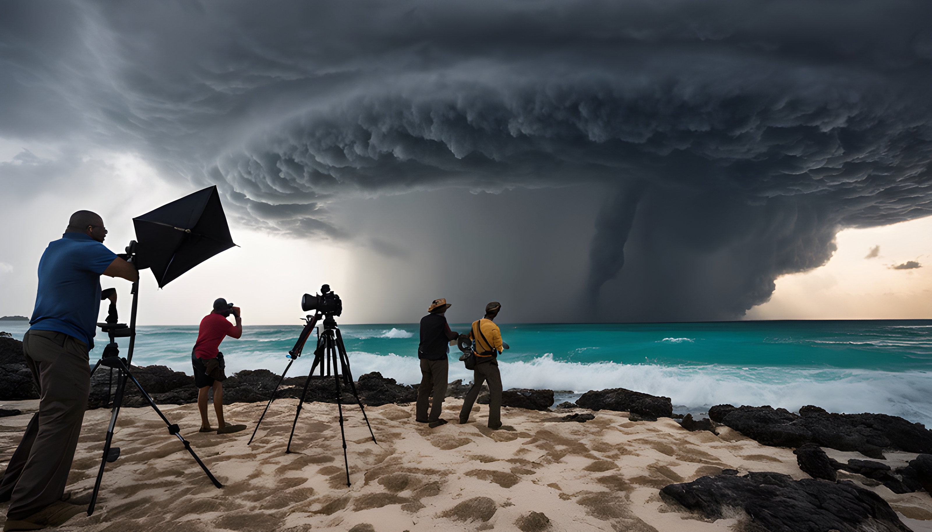สร้างภาพถ่ายสุดสมจริง ทีมช่างภาพมืออาชีพ กำลังถ่ายภาพบนเกาะสวรรค์ ท่ามกลางพายุหมุนที่กำลังก่อตัวเข้ามาใกล้